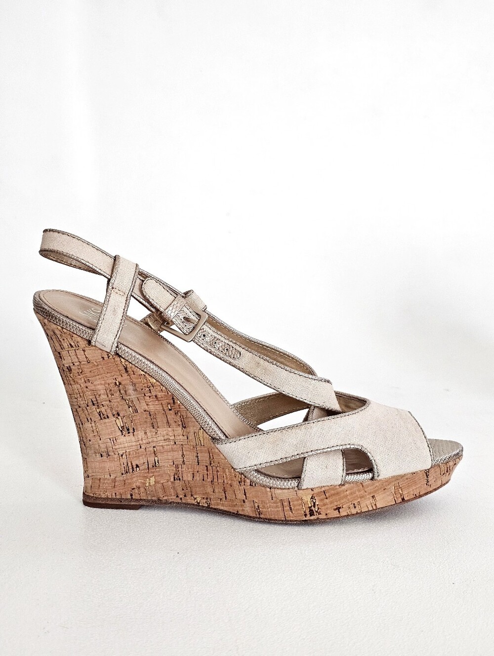 Saks Fifth Avenue Brianna Cork Wedge Platform Slingback Sandals Beige 9.5M